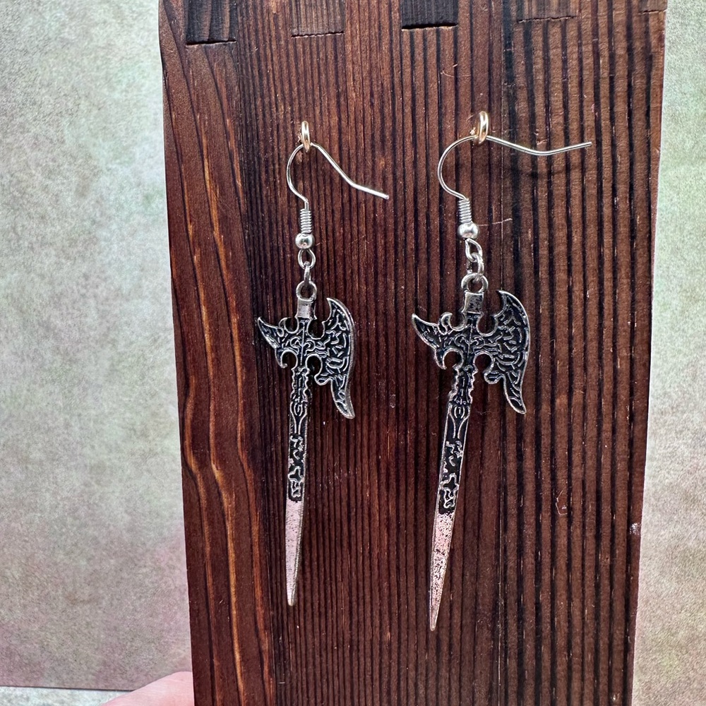 Silver Tone Axe Dangle Earrings - Gothic Spike Design